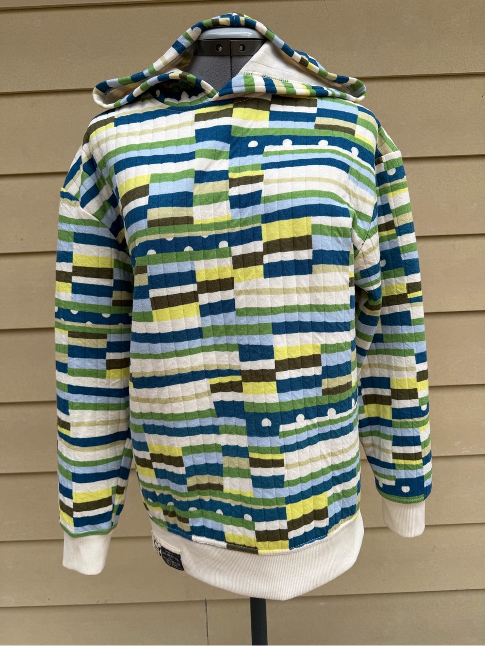 Target Quilted Hoodie in Blue, Green, Yellow & White Geometric Print